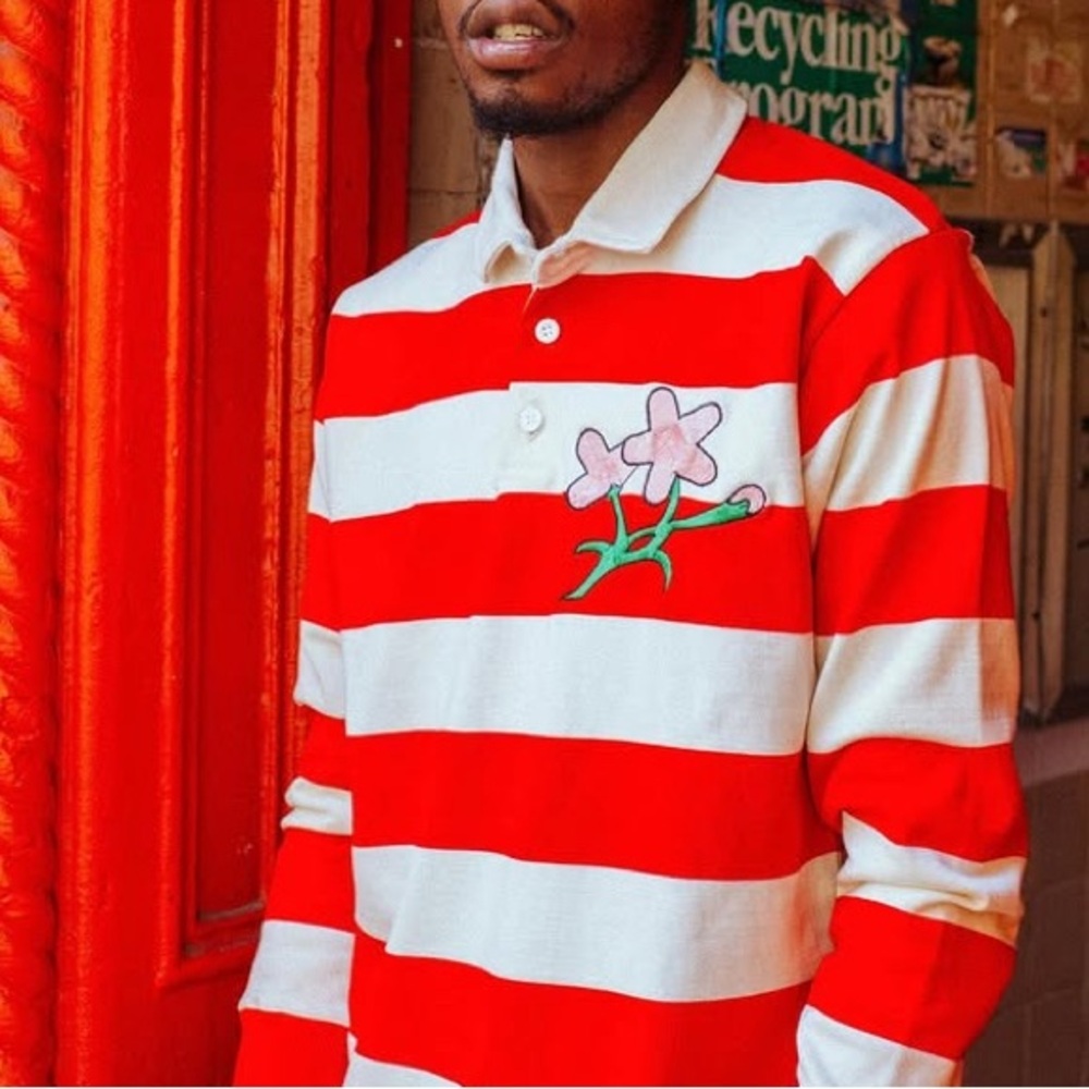 Rowing Blazers Red & Cream Striped Rugby Polo with Pink Floral Embroidery size X